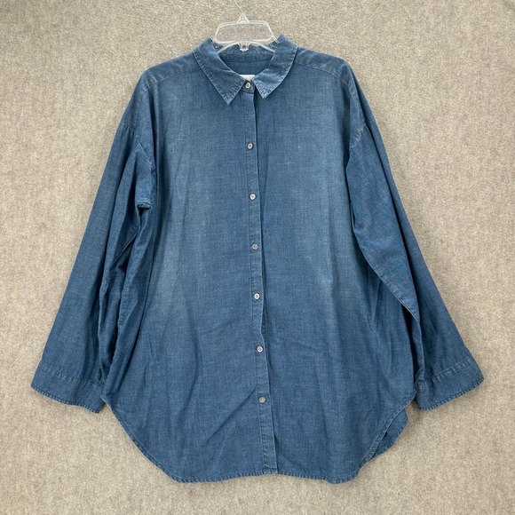 Chico's Tops - Chicos Blue Cotton Chambray Button Down Shirt Oversized Roll Tab Size 3 XL